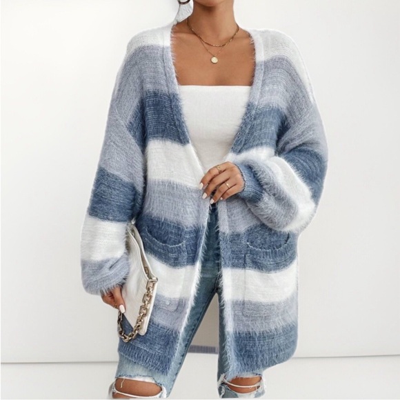 unbranded Sweaters - Blue and White Fuzzy Open Front Cardigan
